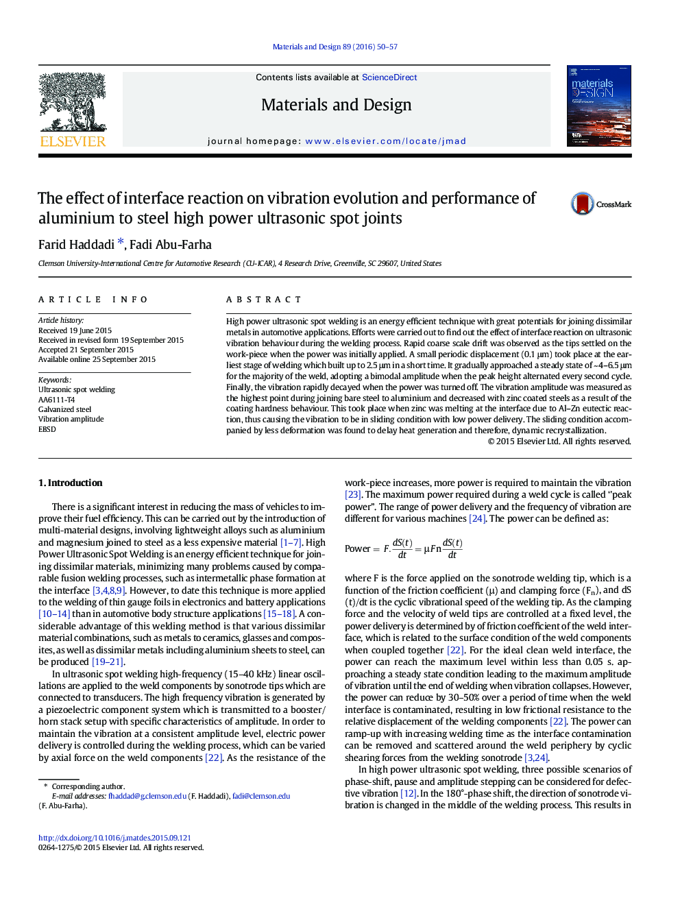 The effect of interface reaction on vibration evolution and performance of aluminium to steel high power ultrasonic spot joints