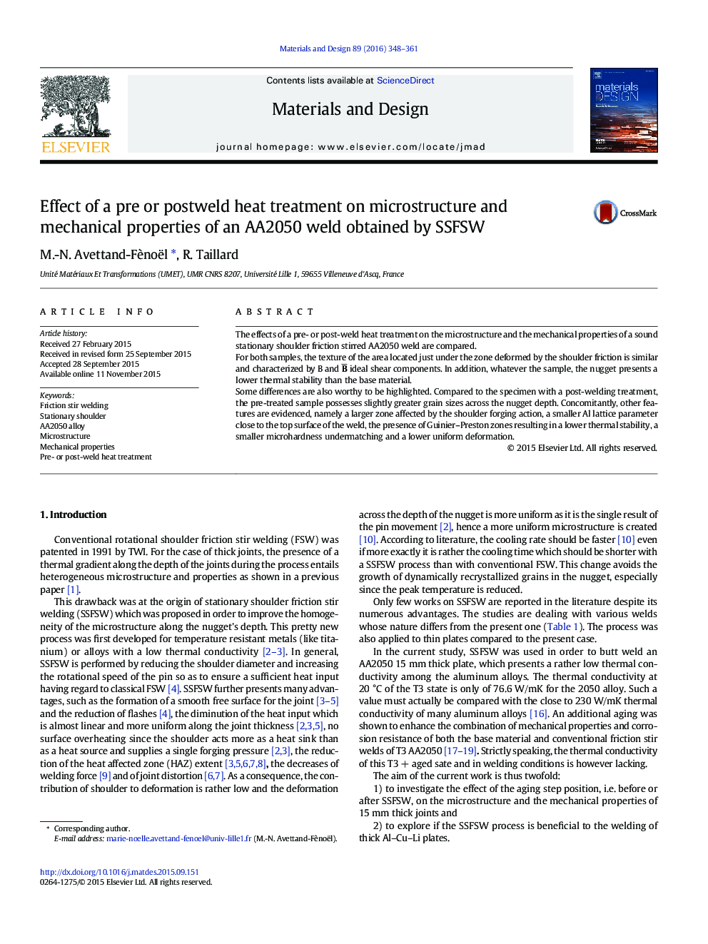 Effect of a pre or postweld heat treatment on microstructure and mechanical properties of an AA2050 weld obtained by SSFSW