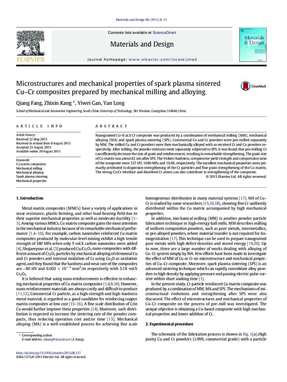 Microstructures and mechanical properties of spark plasma sintered Cu-Cr composites prepared by mechanical milling and alloying