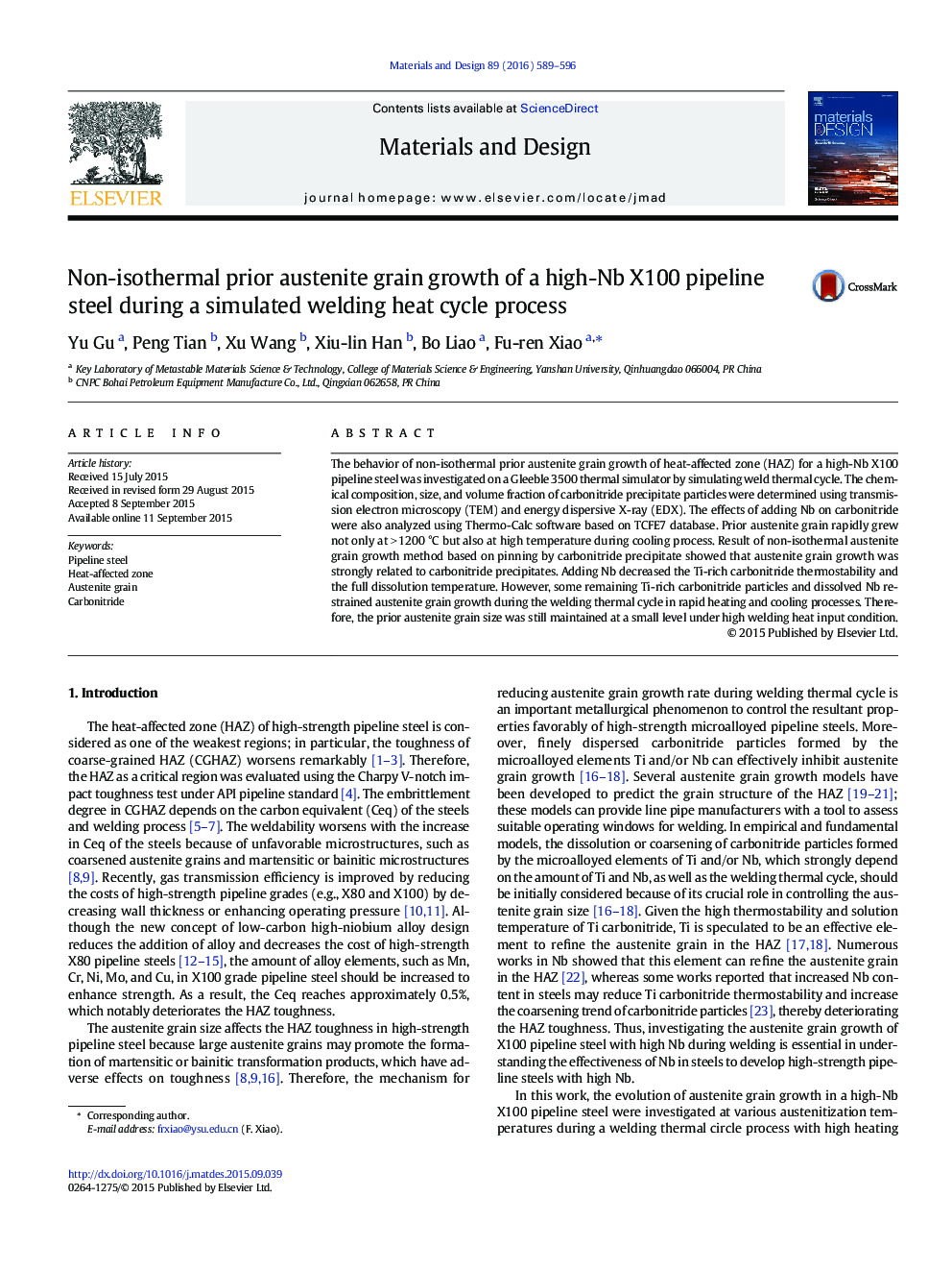 Non-isothermal prior austenite grain growth of a high-Nb X100 pipeline steel during a simulated welding heat cycle process