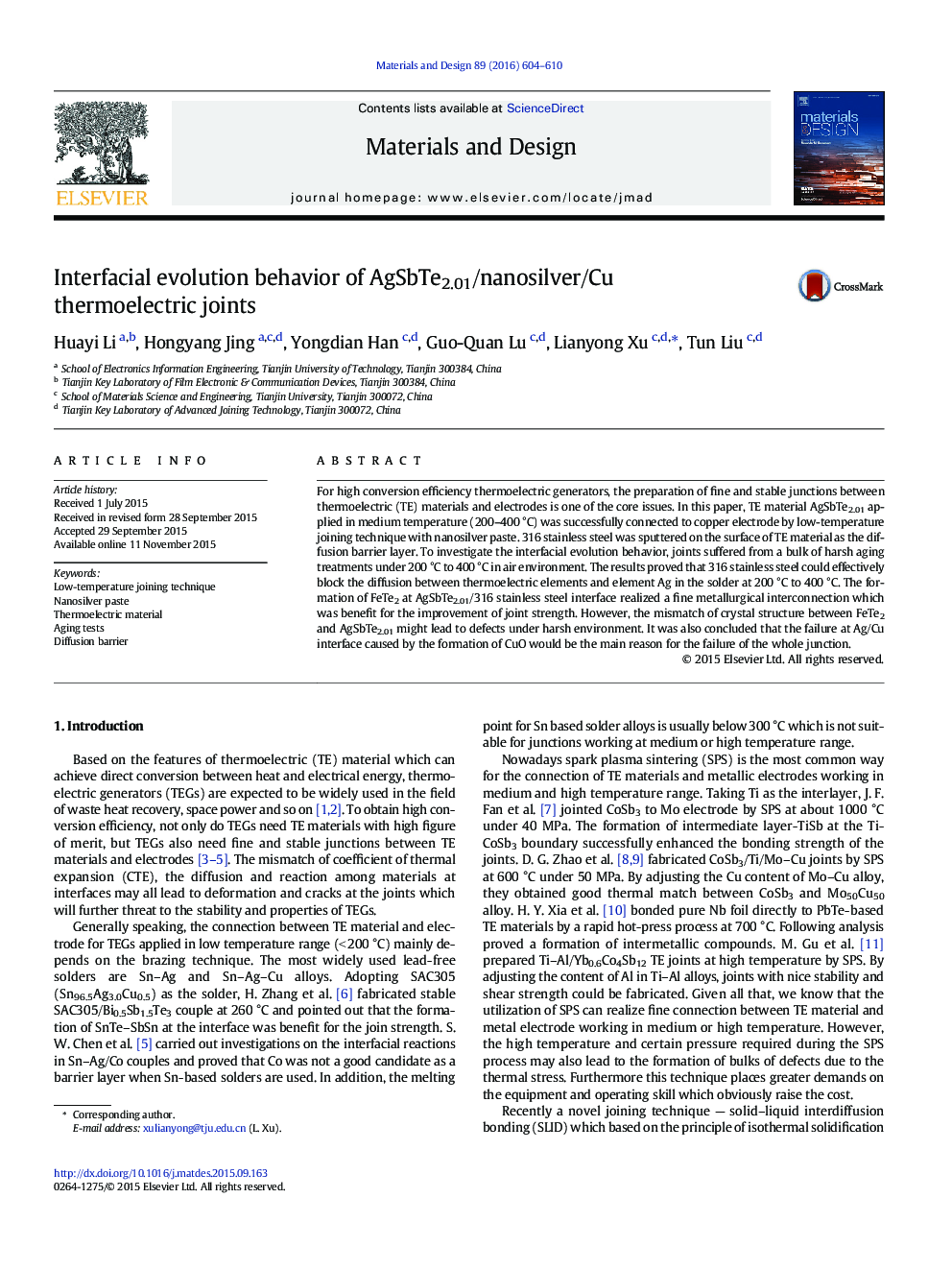 Interfacial evolution behavior of AgSbTe2.01/nanosilver/Cu thermoelectric joints