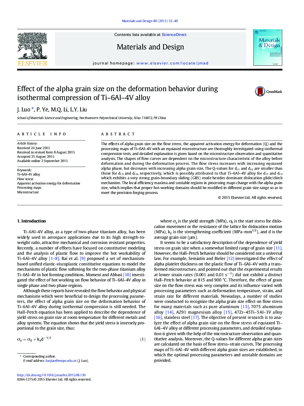 Effect of the alpha grain size on the deformation behavior during isothermal compression of Ti-6Al-4V alloy