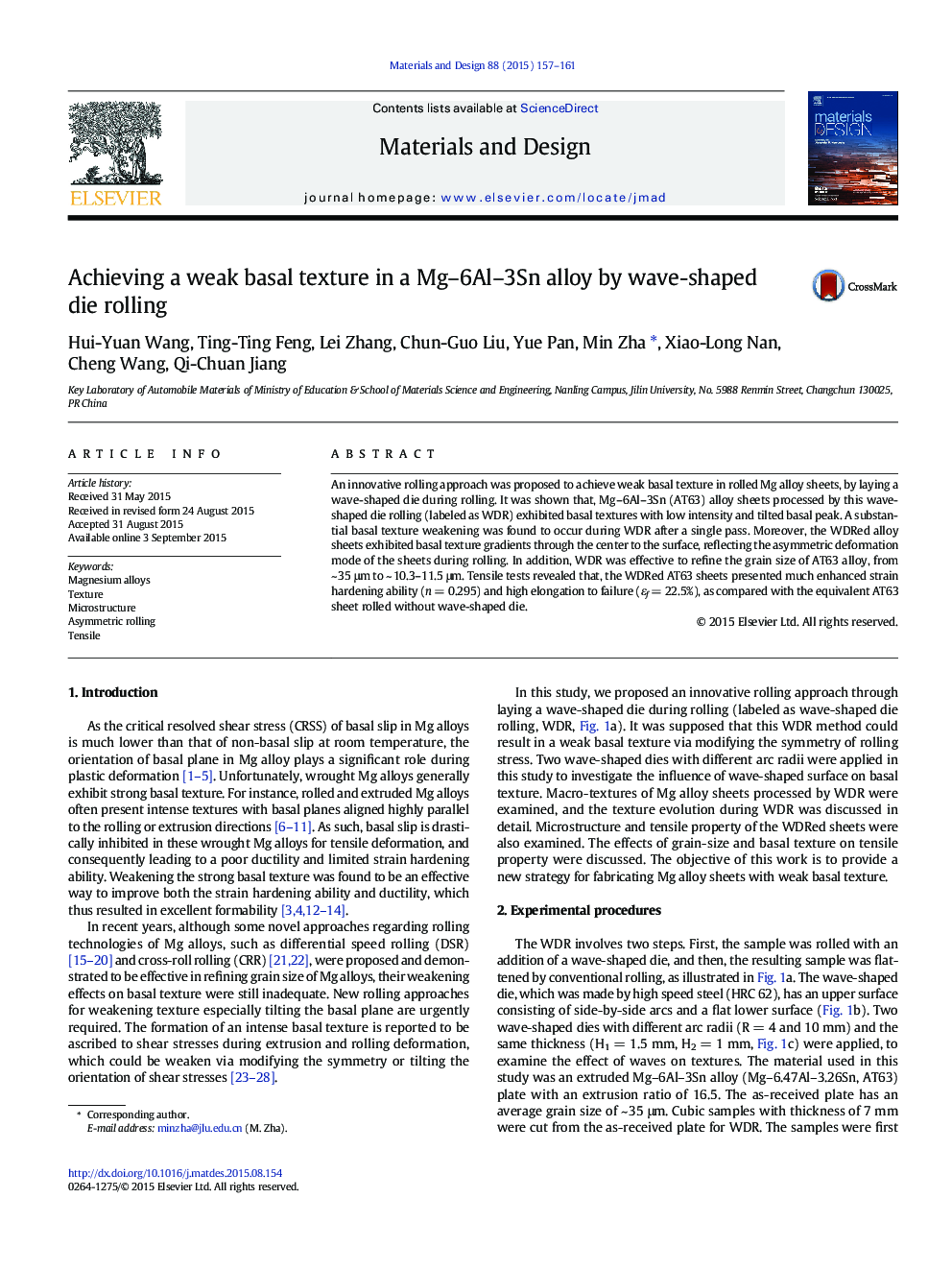 Achieving a weak basal texture in a Mg-6Al-3Sn alloy by wave-shaped die rolling