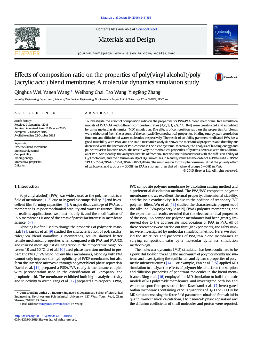 Effects of composition ratio on the properties of poly(vinyl alcohol)/poly(acrylic acid) blend membrane: A molecular dynamics simulation study