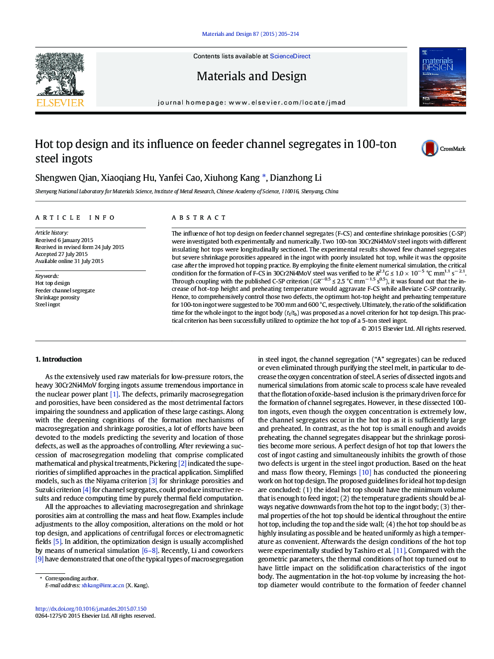 Hot top design and its influence on feeder channel segregates in 100-ton steel ingots