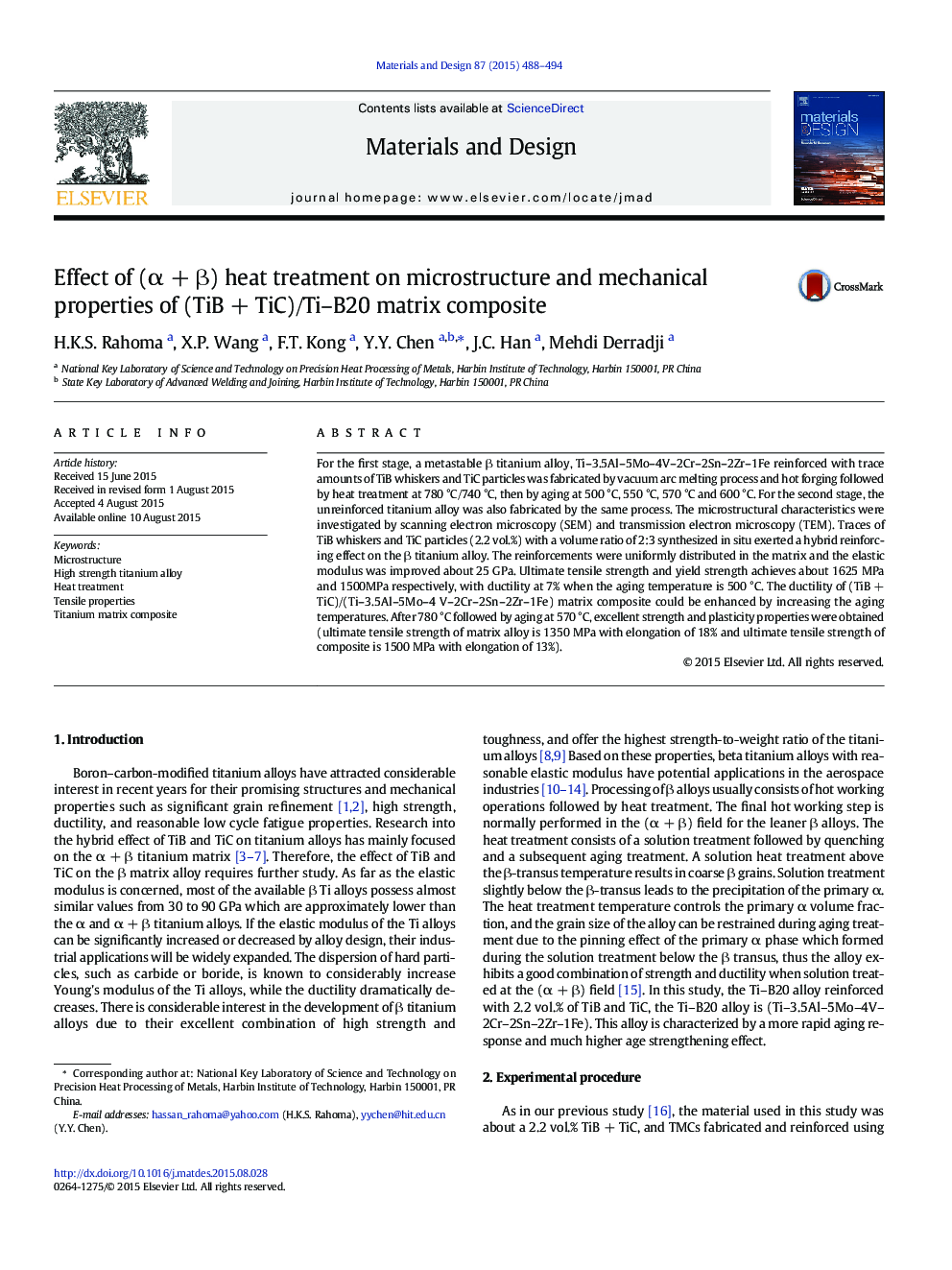 Effect of (Î±Â +Â Î²) heat treatment on microstructure and mechanical properties of (TiBÂ +Â TiC)/Ti-B20 matrix composite