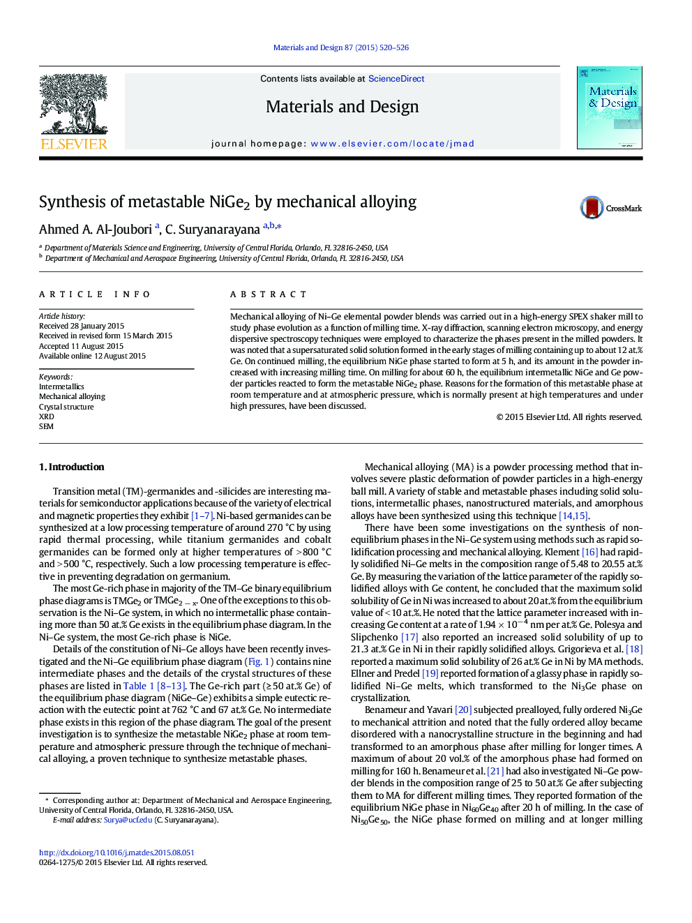 Synthesis of metastable NiGe2 by mechanical alloying