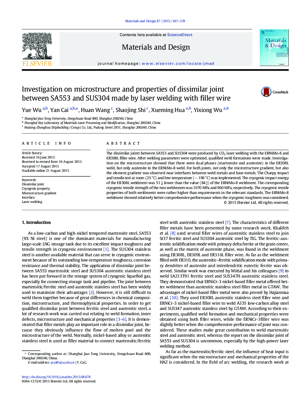 Investigation on microstructure and properties of dissimilar joint between SA553 and SUS304 made by laser welding with filler wire