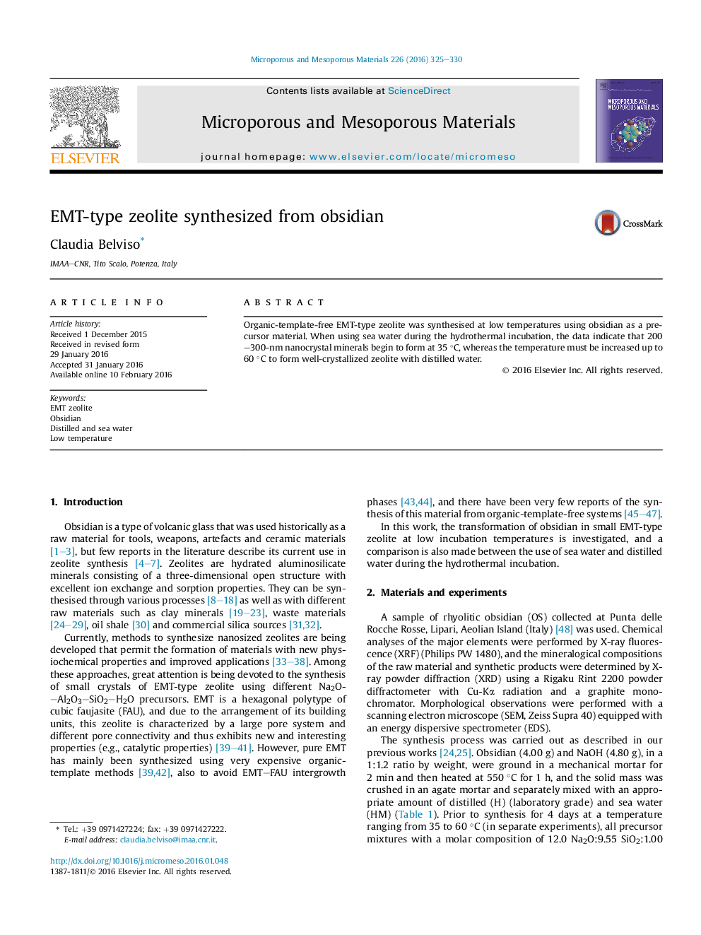 EMT-type zeolite synthesized from obsidian