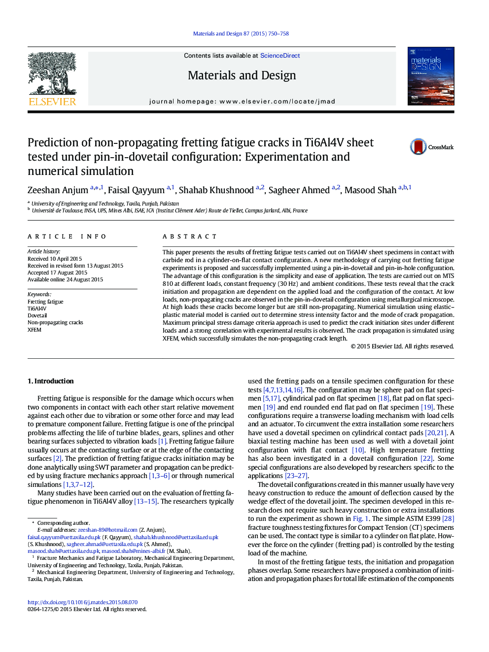 Prediction of non-propagating fretting fatigue cracks in Ti6Al4V sheet tested under pin-in-dovetail configuration: Experimentation and numerical simulation