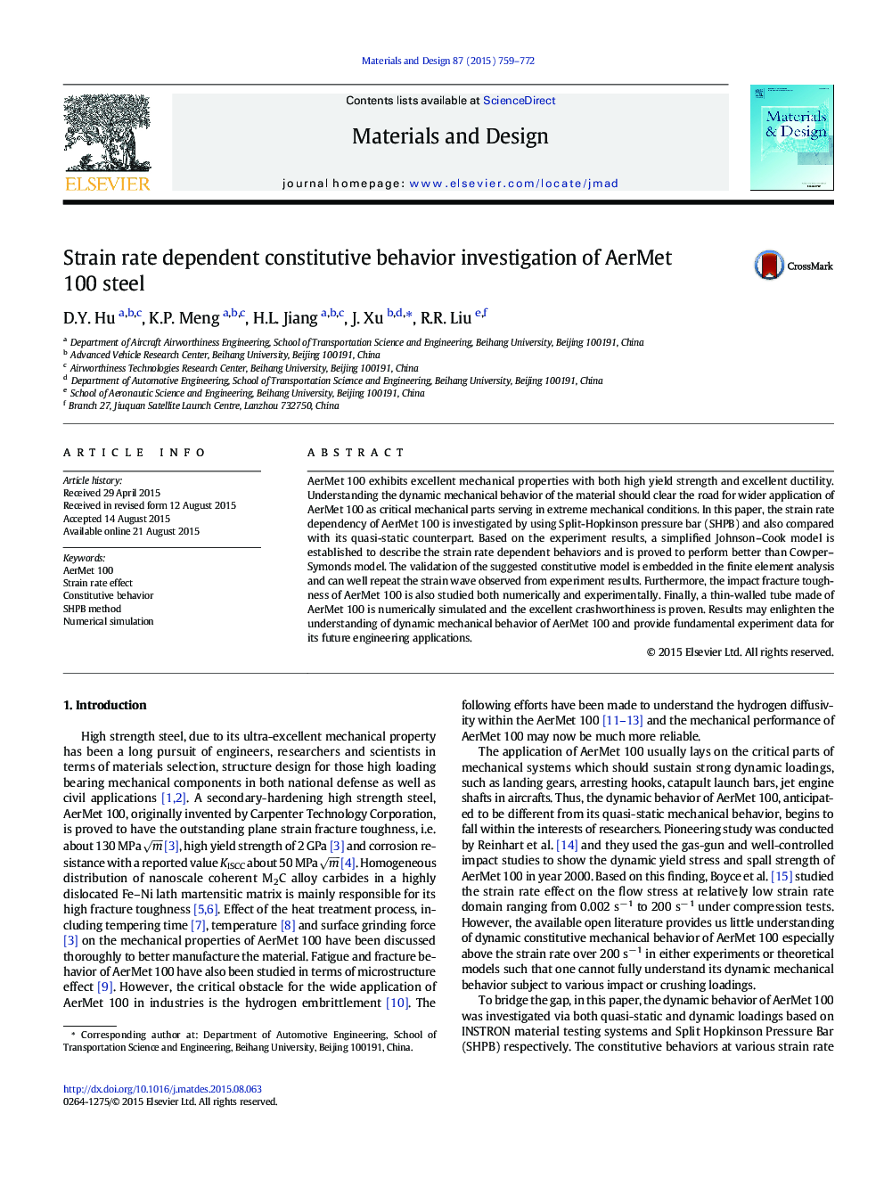 Strain rate dependent constitutive behavior investigation of AerMet 100 steel