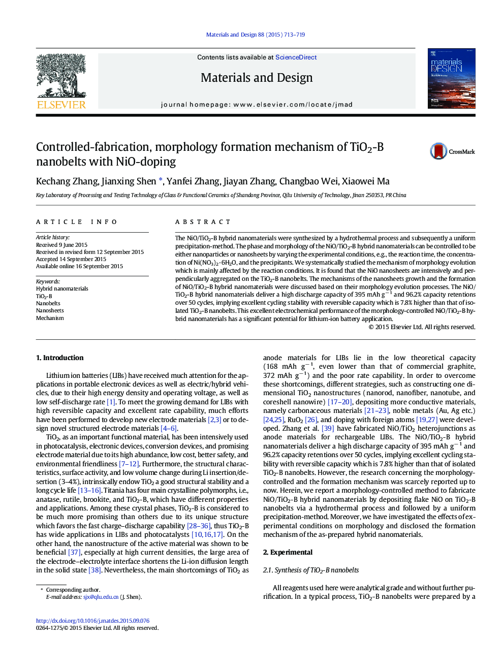 Controlled-fabrication, morphology formation mechanism of TiO2-B nanobelts with NiO-doping