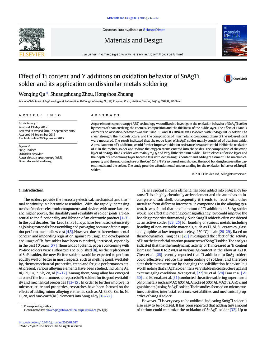 Effect of Ti content and Y additions on oxidation behavior of SnAgTi solder and its application on dissimilar metals soldering