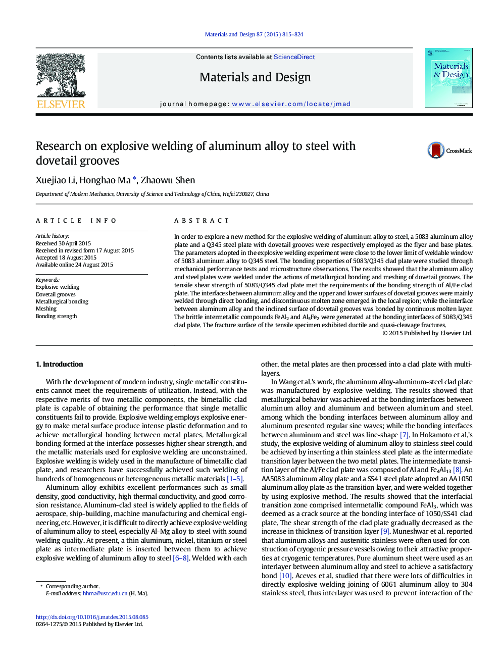 Research on explosive welding of aluminum alloy to steel with dovetail grooves