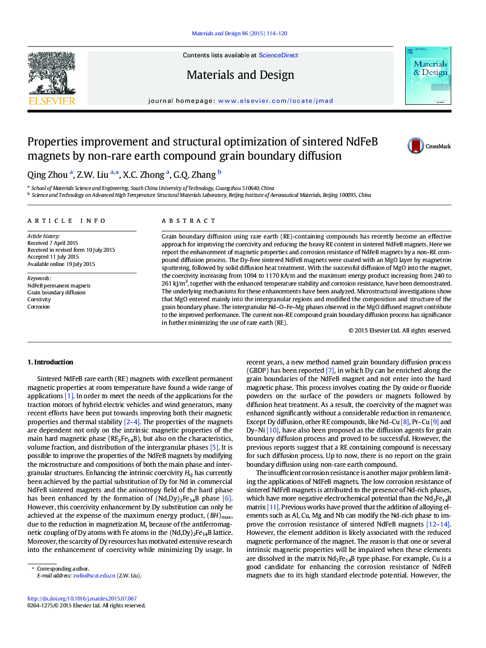 Properties improvement and structural optimization of sintered NdFeB magnets by non-rare earth compound grain boundary diffusion