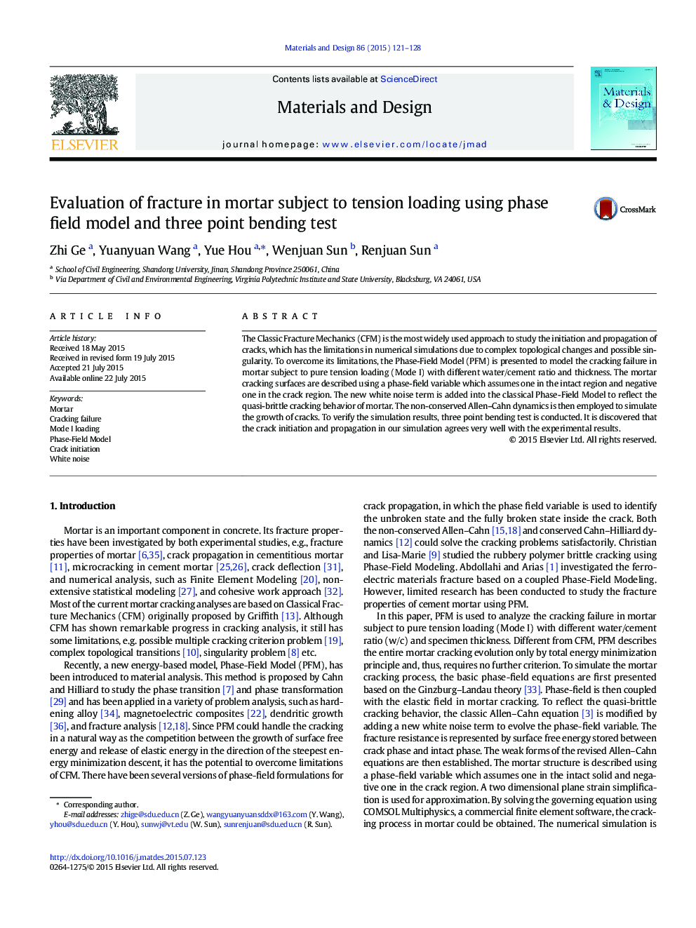 Evaluation of fracture in mortar subject to tension loading using phase field model and three point bending test