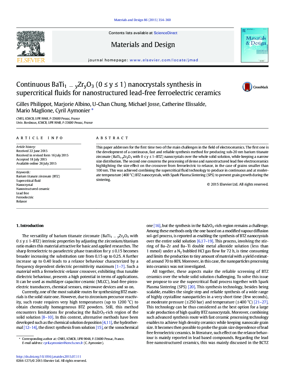 Continuous BaTi1Â âÂ yZryO3 (0Â â¤Â yÂ â¤Â 1) nanocrystals synthesis in supercritical fluids for nanostructured lead-free ferroelectric ceramics