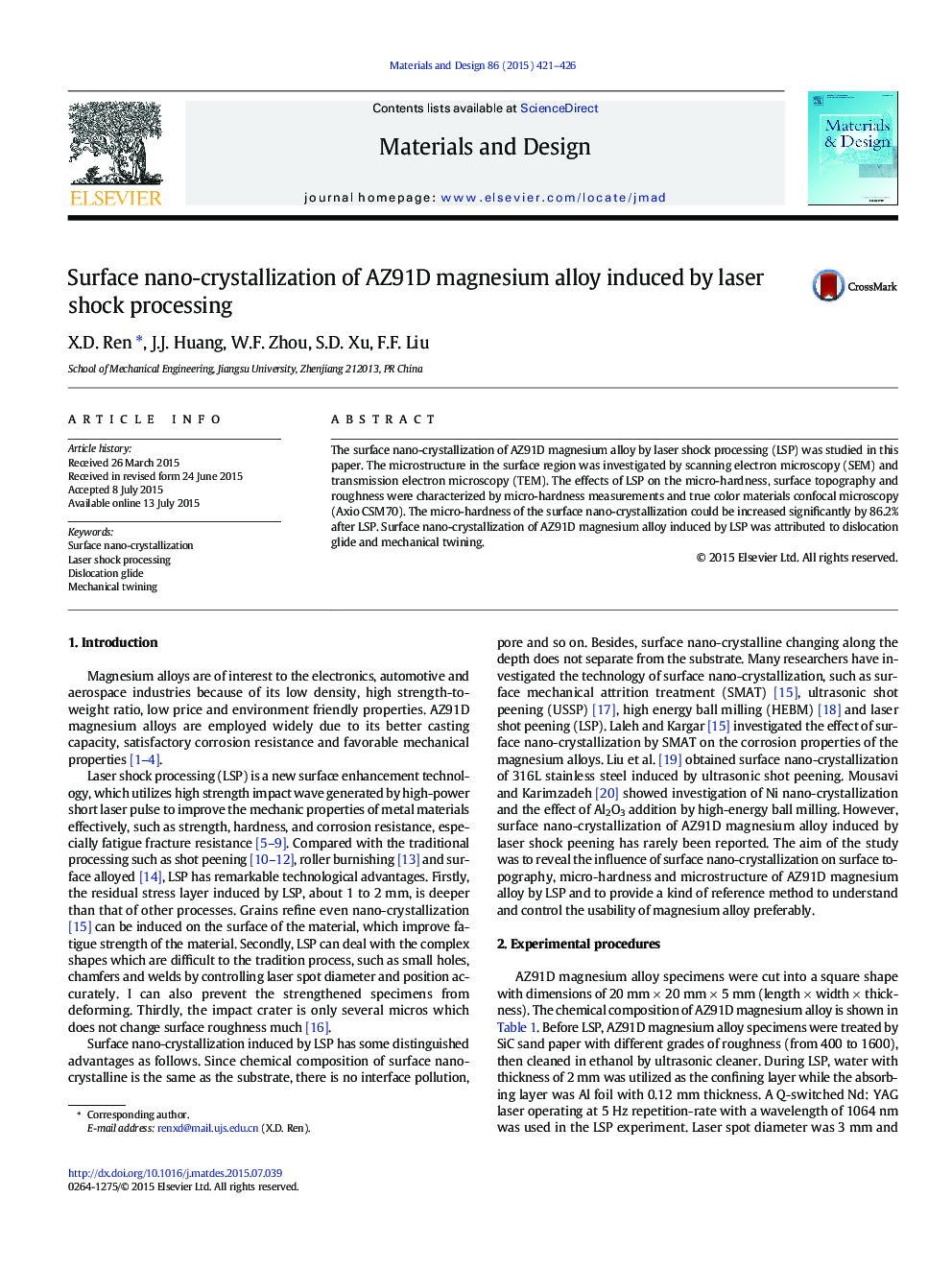 Surface nano-crystallization of AZ91D magnesium alloy induced by laser shock processing