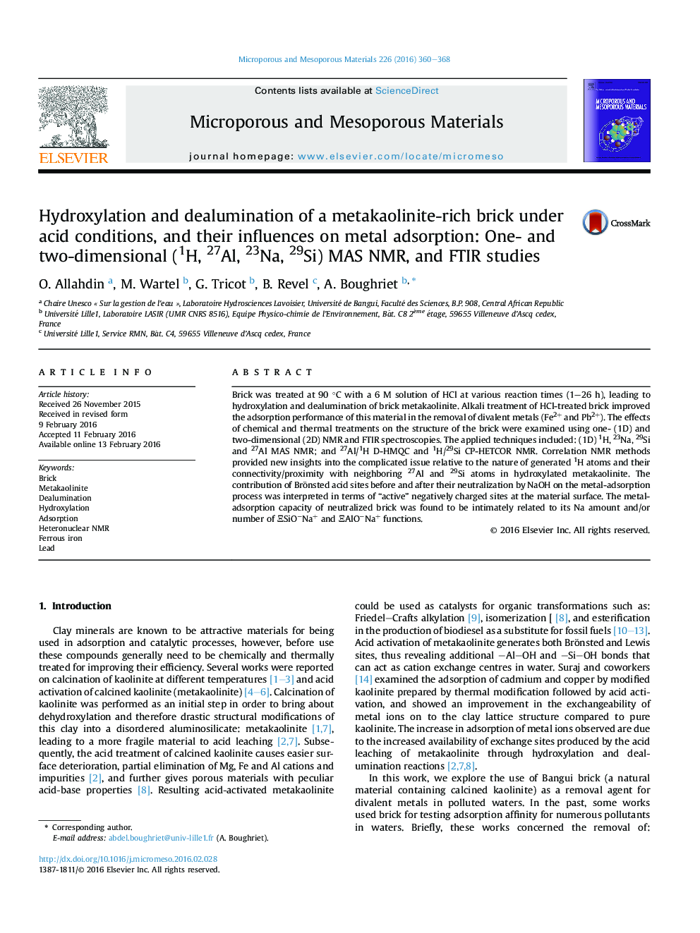 Hydroxylation and dealumination of a metakaolinite-rich brick under acid conditions, and their influences on metal adsorption: One- and two-dimensional (1H, 27Al, 23Na, 29Si) MAS NMR, and FTIR studies