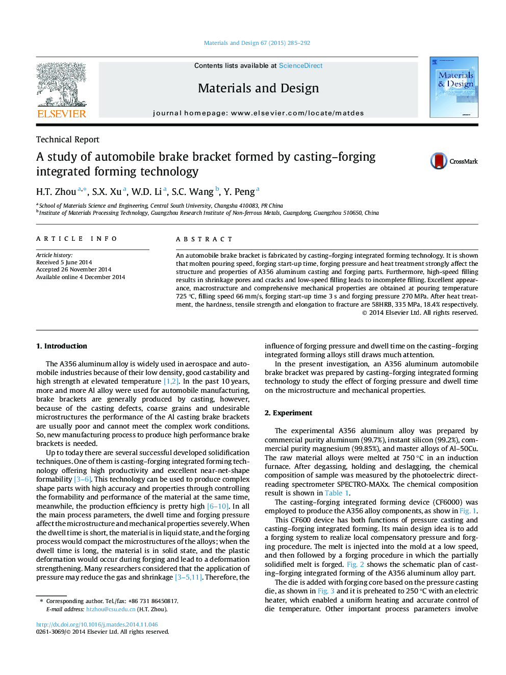 A study of automobile brake bracket formed by casting-forging integrated forming technology