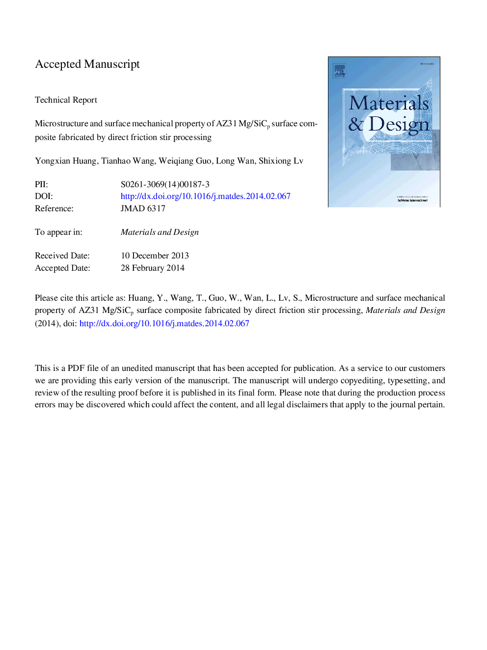 Microstructure and surface mechanical property of AZ31 Mg/SiCp surface composite fabricated by Direct Friction Stir Processing