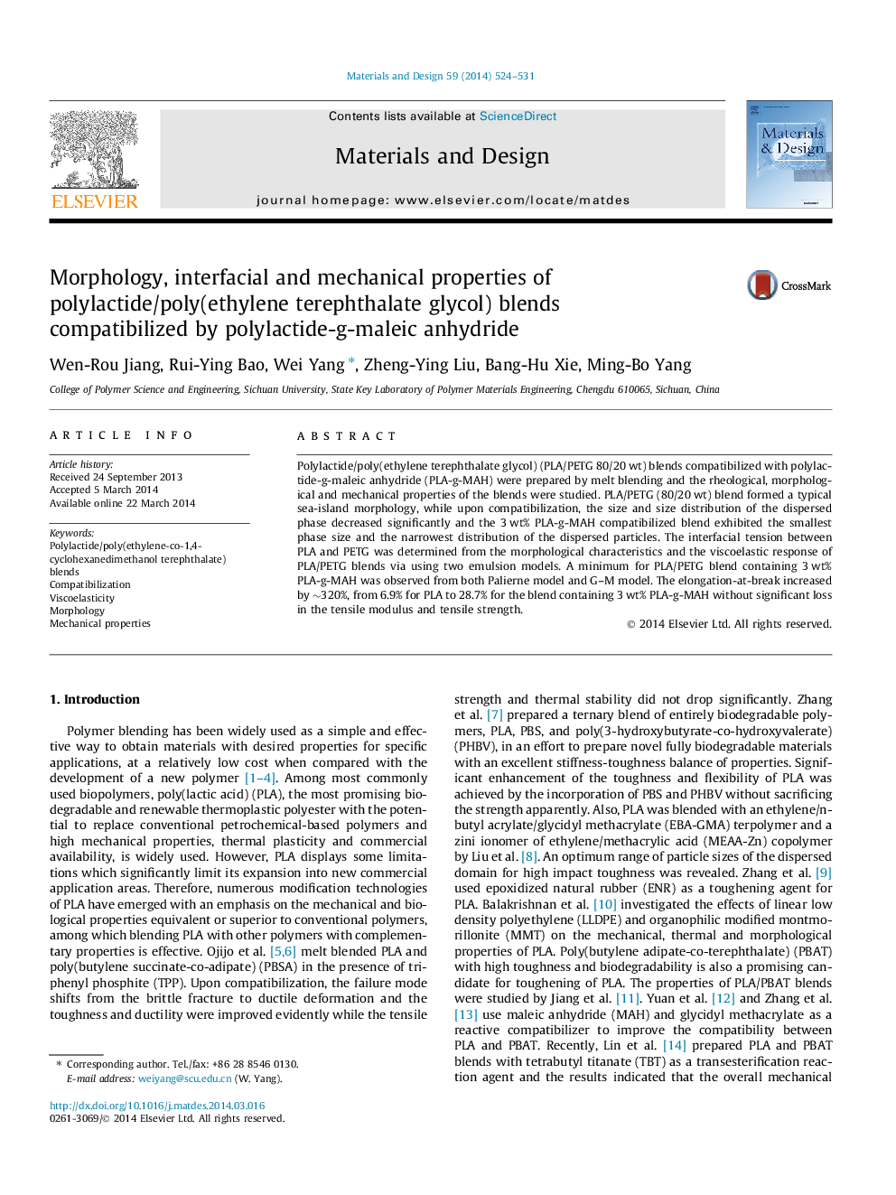 Morphology, interfacial and mechanical properties of polylactide/poly(ethylene terephthalate glycol) blends compatibilized by polylactide-g-maleic anhydride