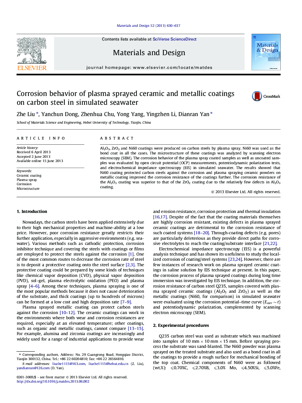 Corrosion behavior of plasma sprayed ceramic and metallic coatings on carbon steel in simulated seawater