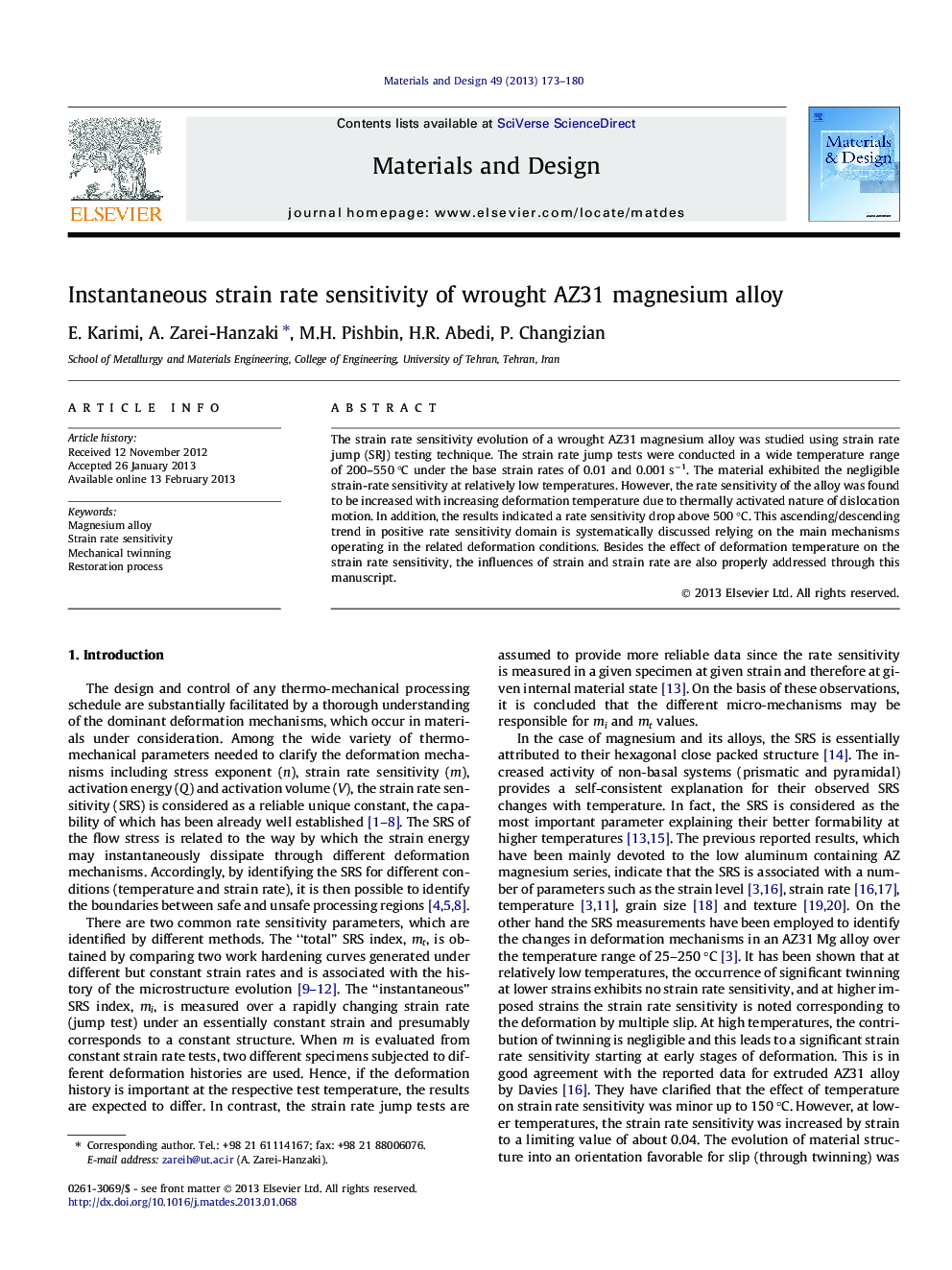 Instantaneous strain rate sensitivity of wrought AZ31 magnesium alloy