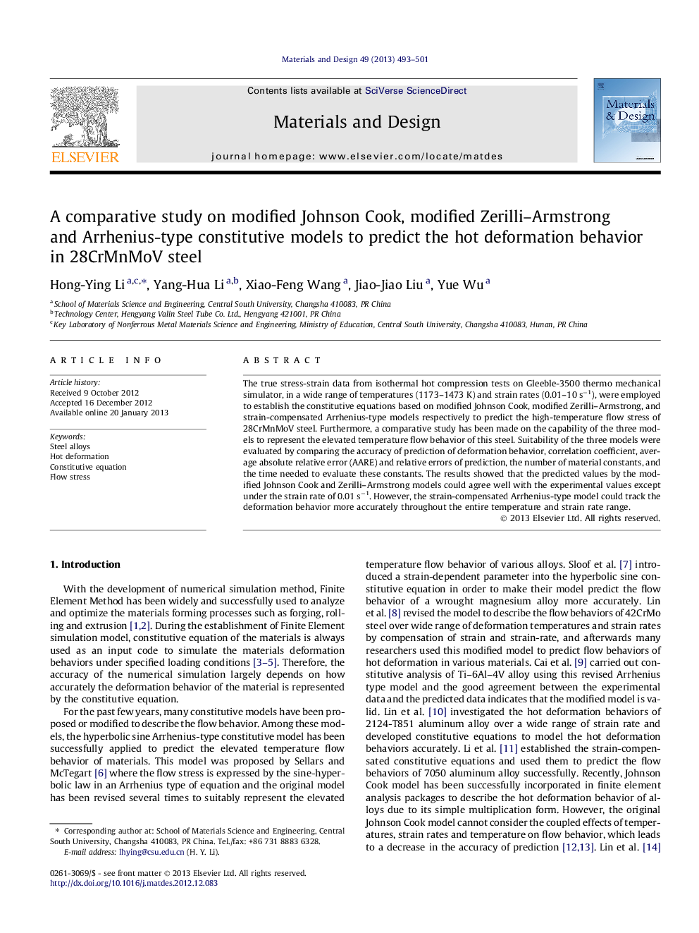 A comparative study on modified Johnson Cook, modified Zerilli-Armstrong and Arrhenius-type constitutive models to predict the hot deformation behavior in 28CrMnMoV steel