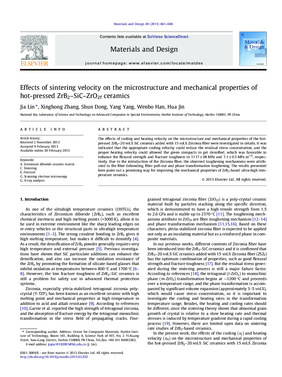 Effects of sintering velocity on the microstructure and mechanical properties of hot-pressed ZrB2-SiC-ZrO2f ceramics