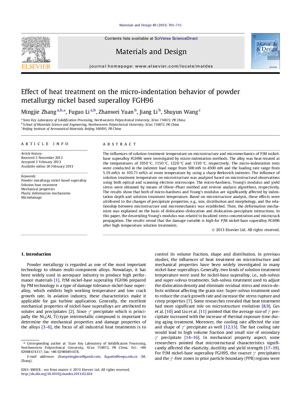 Effect of heat treatment on the micro-indentation behavior of powder metallurgy nickel based superalloy FGH96