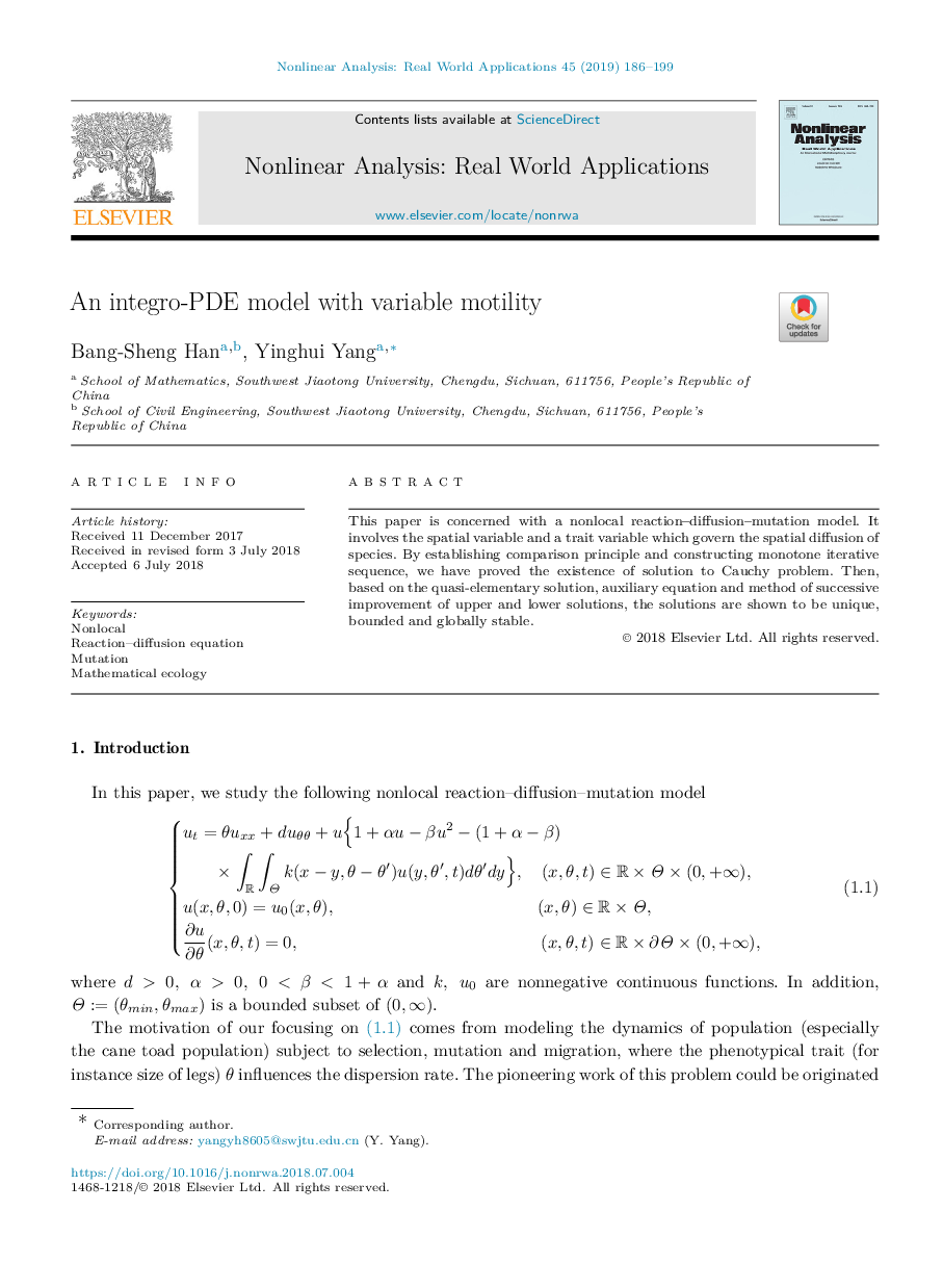 An integro-PDE model with variable motility