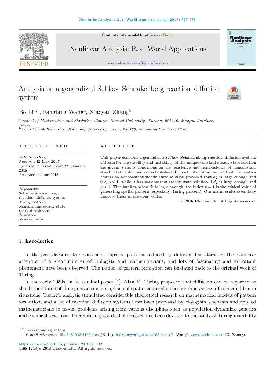 Analysis on a generalized Sel'kov-Schnakenberg reaction-diffusion system