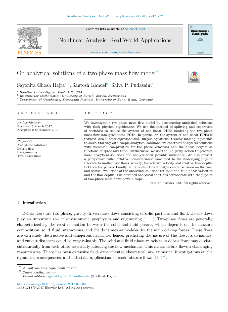 On analytical solutions of a two-phase mass flow model