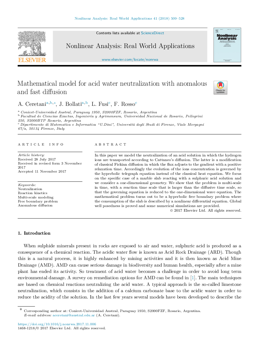 Mathematical model for acid water neutralization with anomalous and fast diffusion