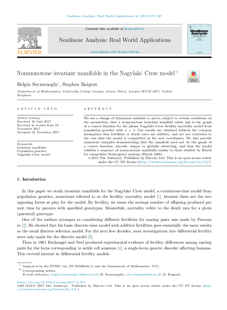 Nonmonotone invariant manifolds in the Nagylaki-Crow model