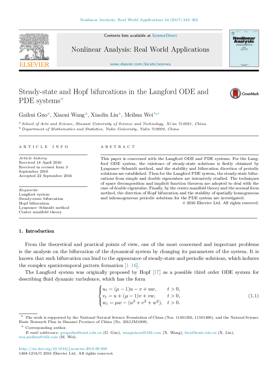 Steady-state and Hopf bifurcations in the Langford ODE and PDE systems