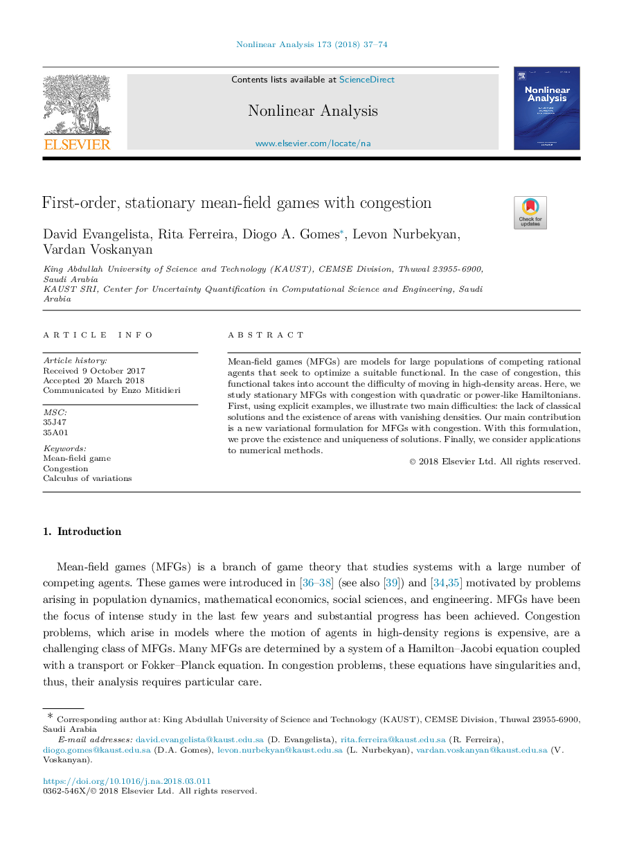 First-order, stationary mean-field games with congestion