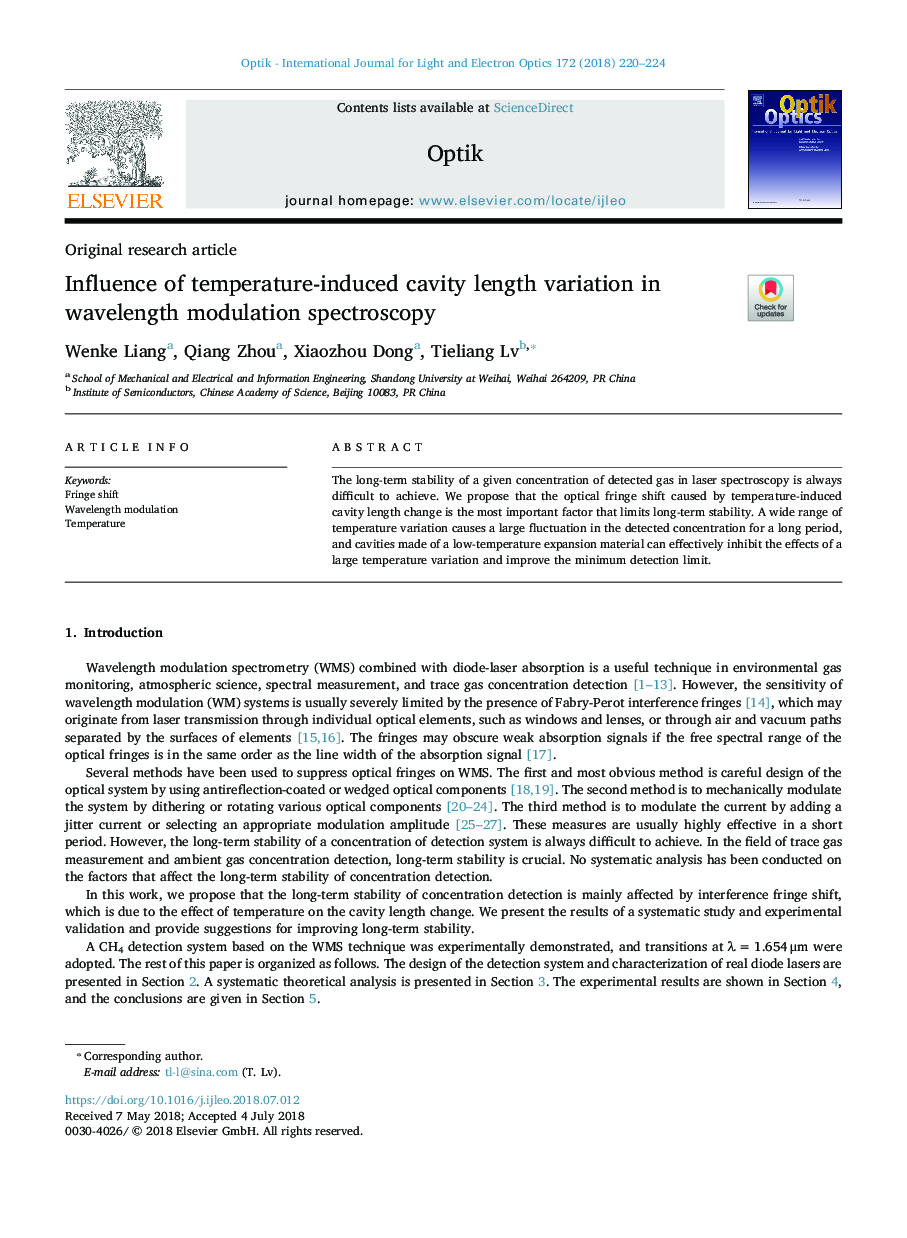 Influence of temperature-induced cavity length variation in wavelength modulation spectroscopy