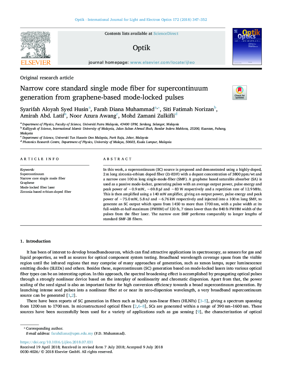 Narrow core standard single mode fiber for supercontinuum generation from graphene-based mode-locked pulses