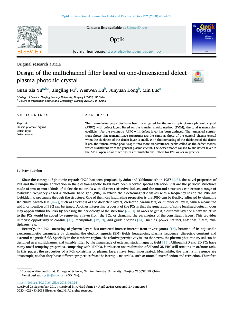 Design of the multichannel filter based on one-dimensional defect plasma photonic crystal