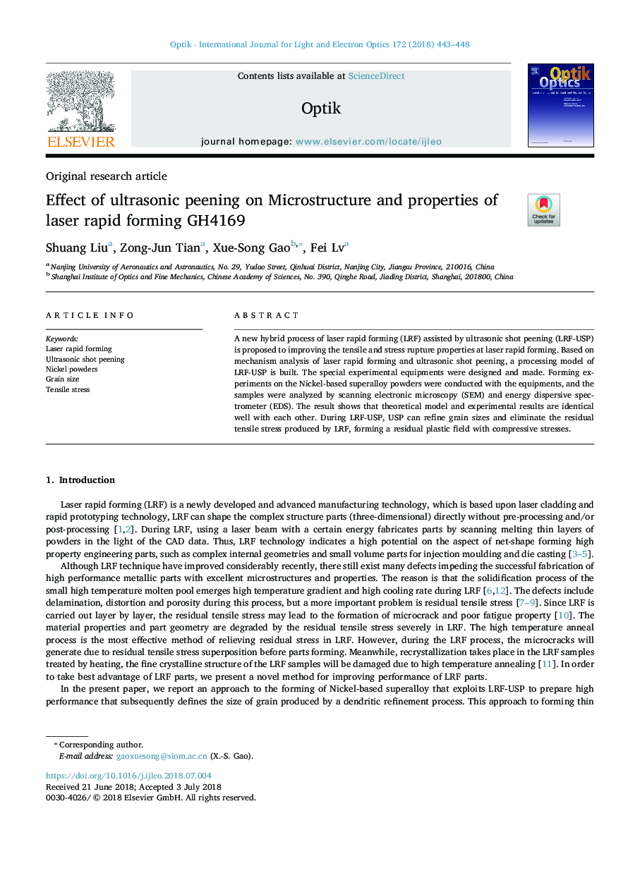 Effect of ultrasonic peening on Microstructure and properties of laser rapid forming GH4169