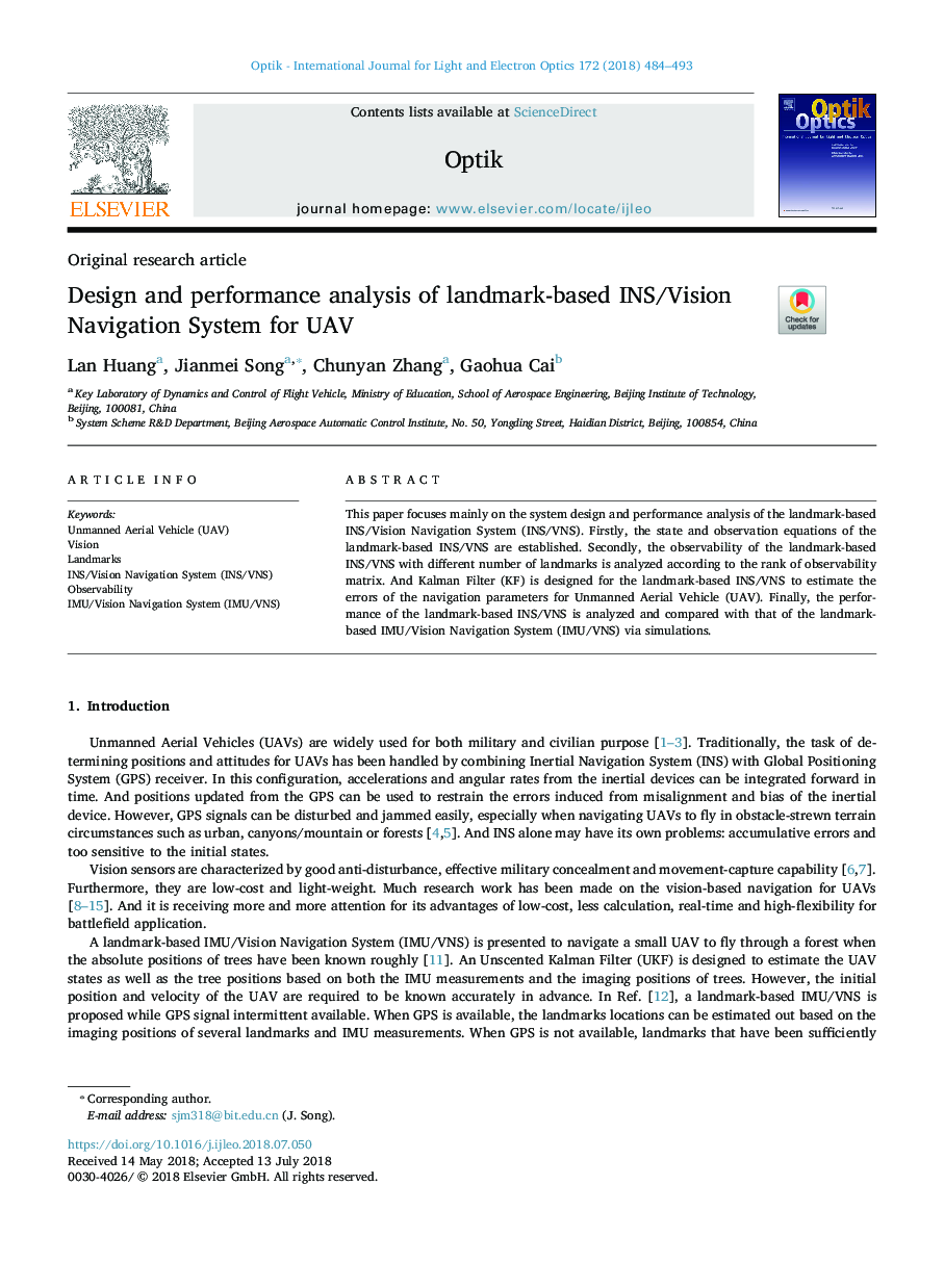 Design and performance analysis of landmark-based INS/Vision Navigation System for UAV