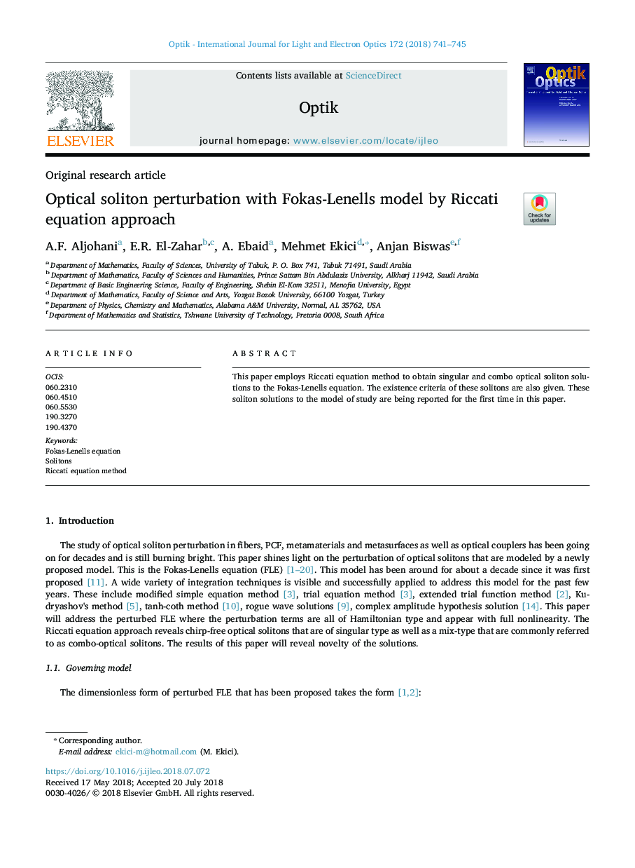 عکس صفحه اول مقاله: Optical soliton perturbation with Fokas-Lenells model by Riccati equation approach Optical soliton perturbation with Fokas-Lenells model by Riccati equation approach