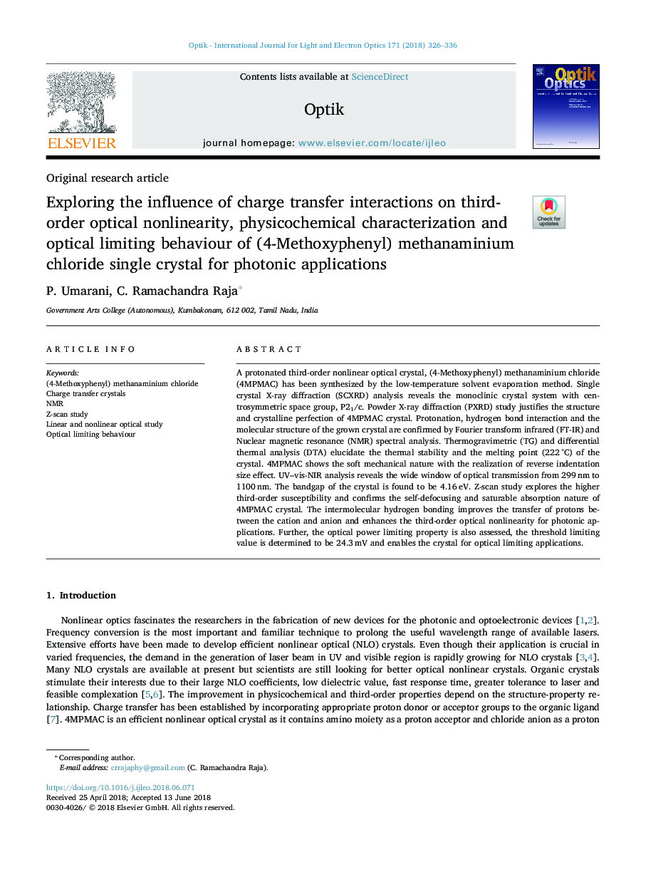 Exploring the influence of charge transfer interactions on third-order optical nonlinearity, physicochemical characterization and optical limiting behaviour of (4-Methoxyphenyl) methanaminium chloride single crystal for photonic applications