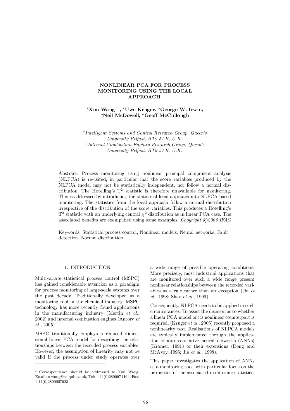 NONLINEAR PCA FOR PROCESS MONITORING USING THE LOCAL APPROACH