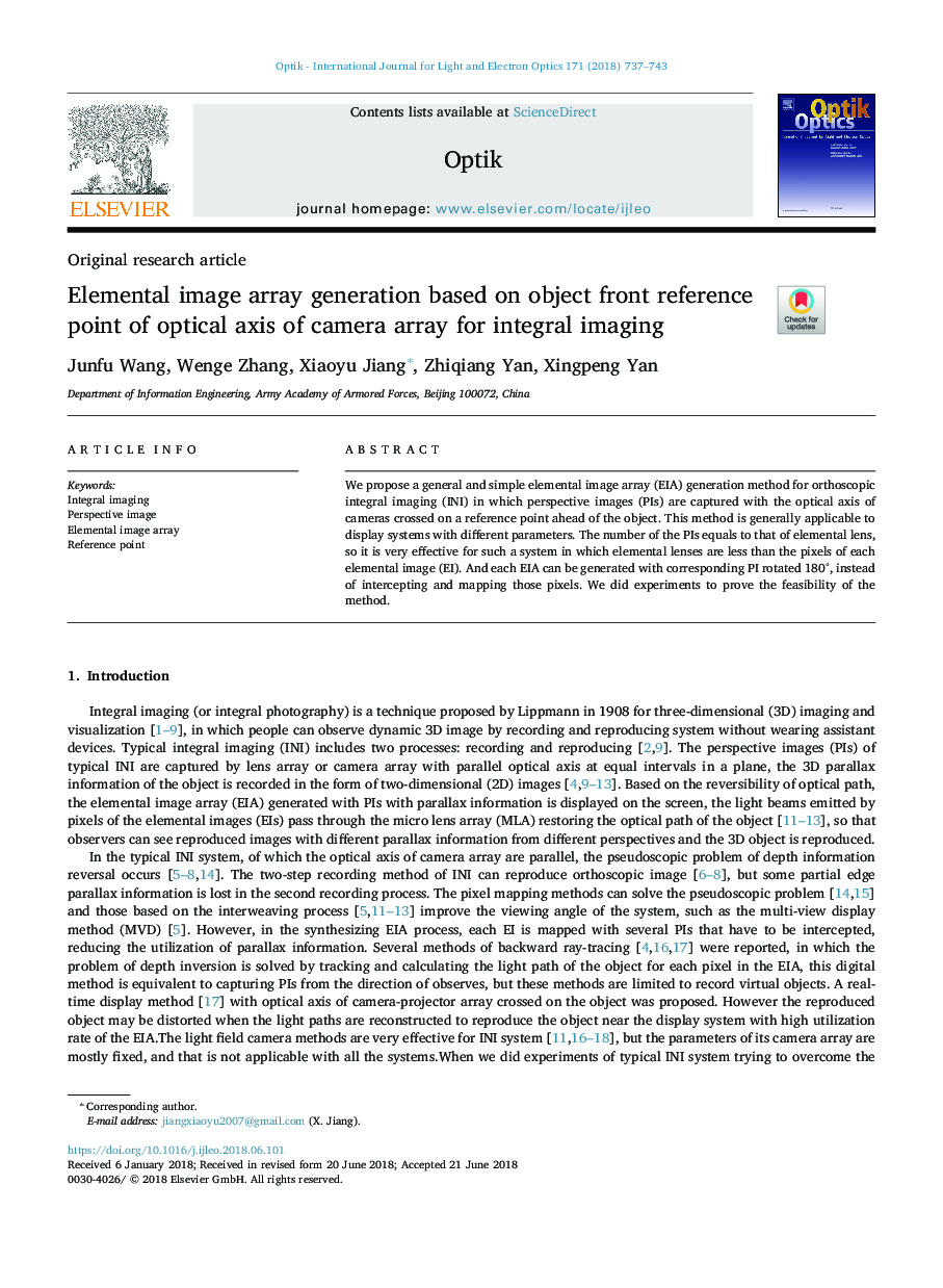 Elemental image array generation based on object front reference point of optical axis of camera array for integral imaging