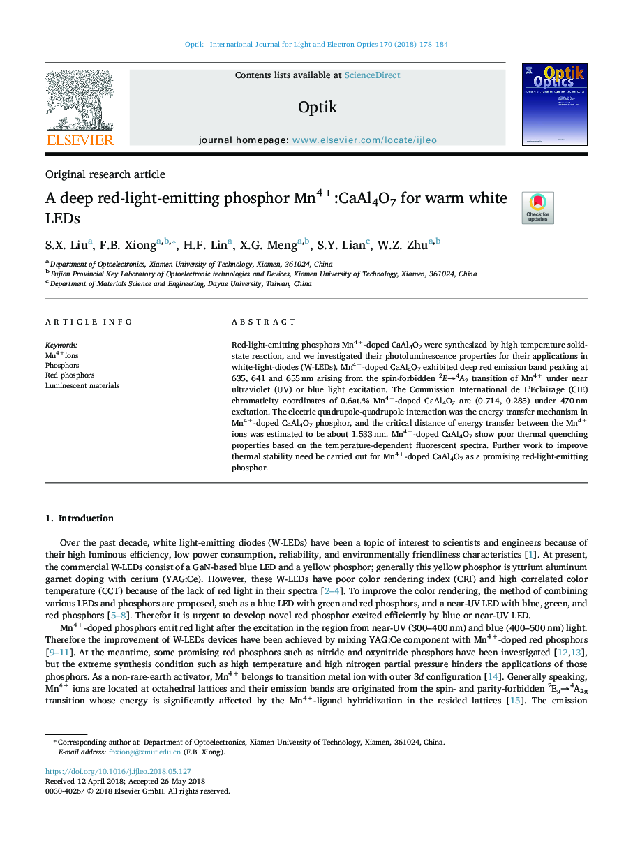 A deep red-light-emitting phosphor Mn4+:CaAl4O7 for warm white LEDs