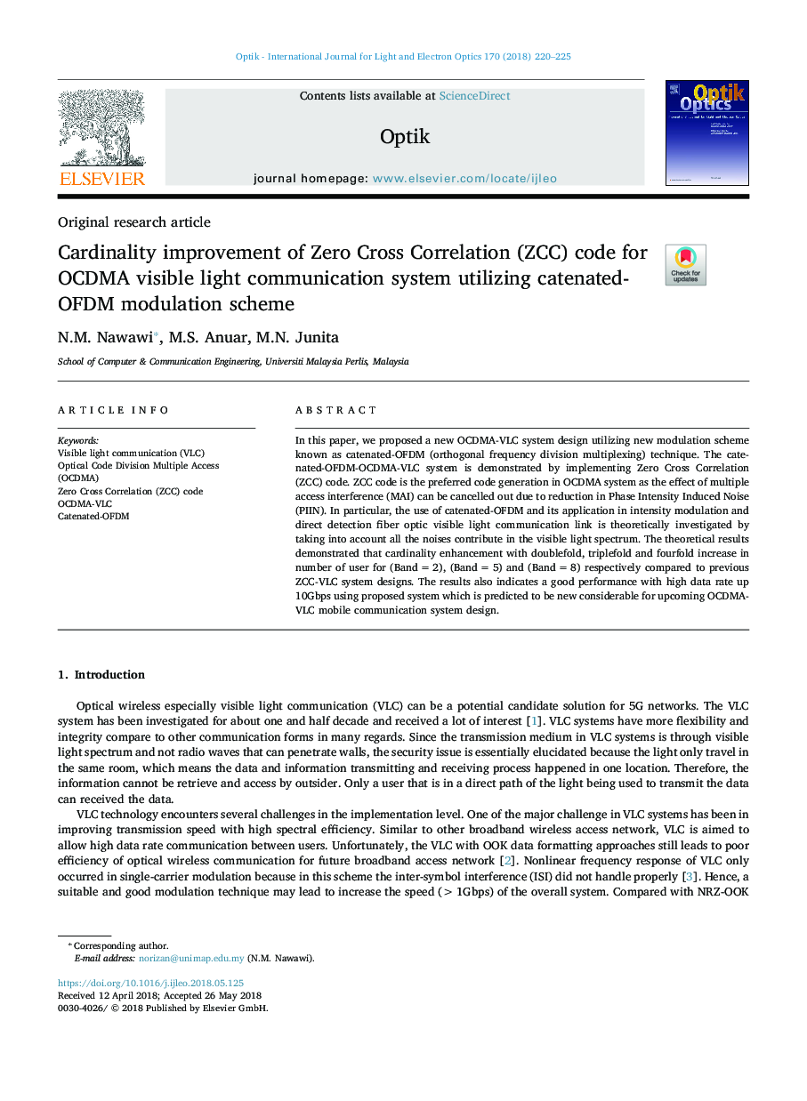 Cardinality improvement of Zero Cross Correlation (ZCC) code for OCDMA visible light communication system utilizing catenated-OFDM modulation scheme