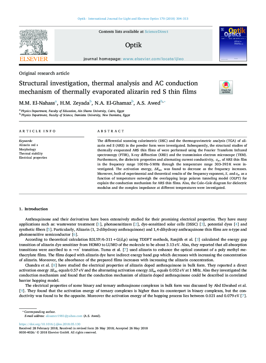 Structural investigation, thermal analysis and AC conduction mechanism of thermally evaporated alizarin red S thin films